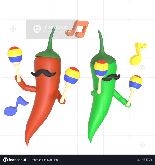 Green and red chili pepper playing maracas  3D Illustration