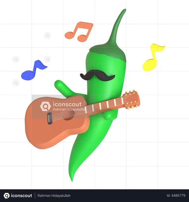 Green chili pepper playing guitar  3D Illustration