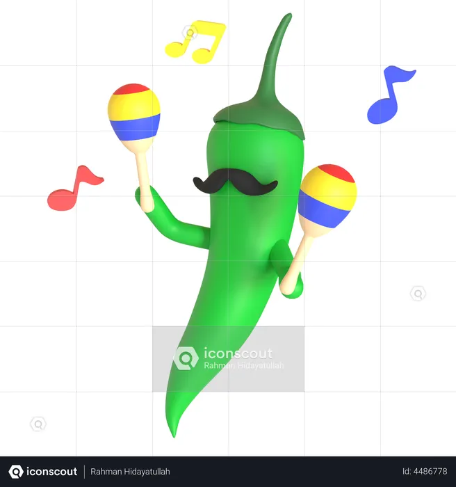 Green chili pepper playing maracas  3D Illustration