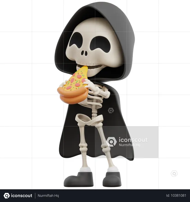 Grim Reaper Eating Pizza  3D Illustration