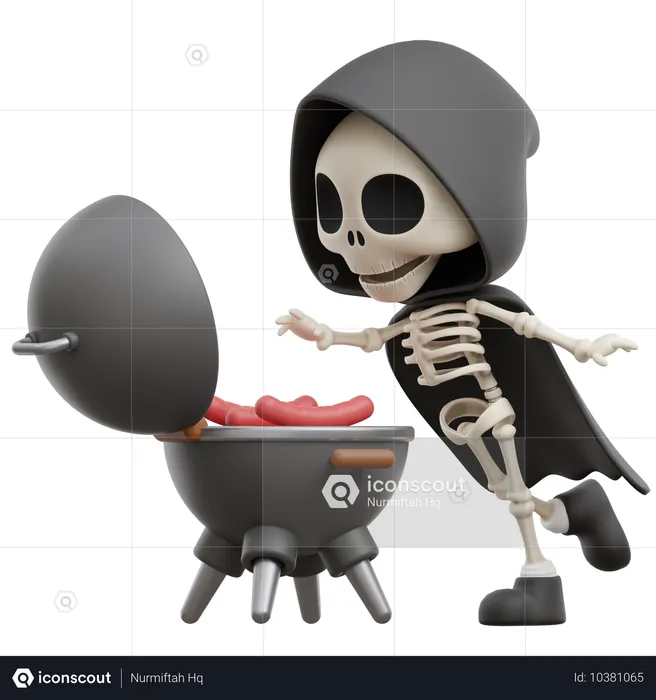 Grim Reaper Grilling Sausages  3D Illustration