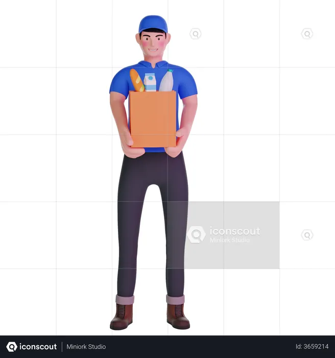 Grocery delivery courier man in uniform with grocery bag  3D Illustration