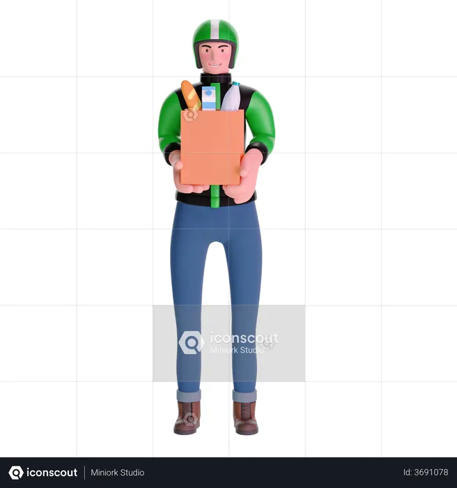 Grocery delivery courier man in uniform with grocery box  3D Illustration