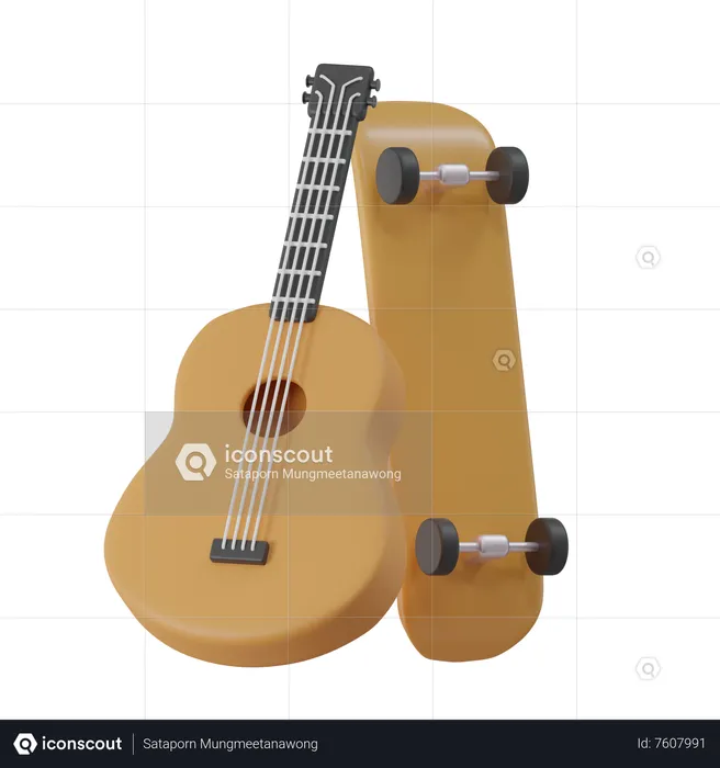 Guitar And Skateboard  3D Icon