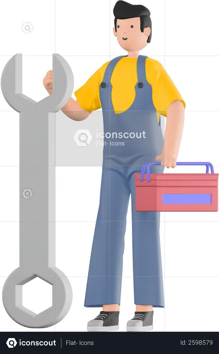 Guy holding wrench and toolkit  3D Illustration