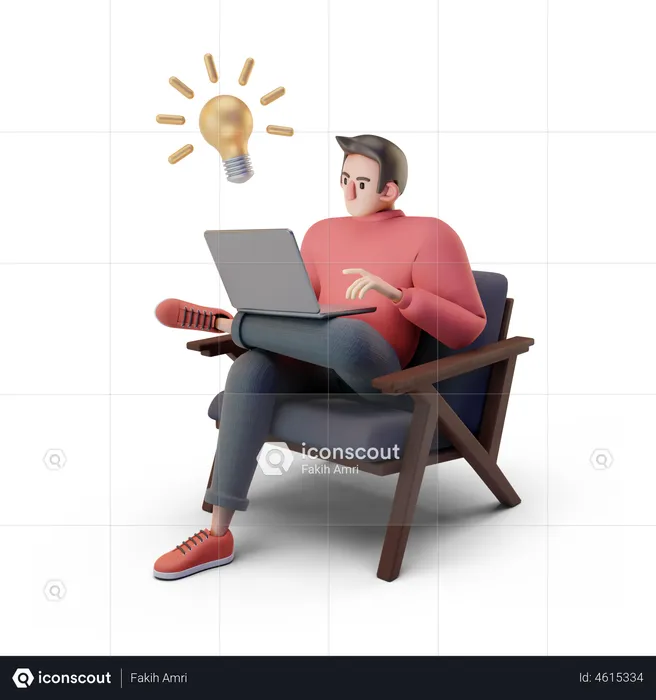 Guy working on laptop with idea  3D Illustration