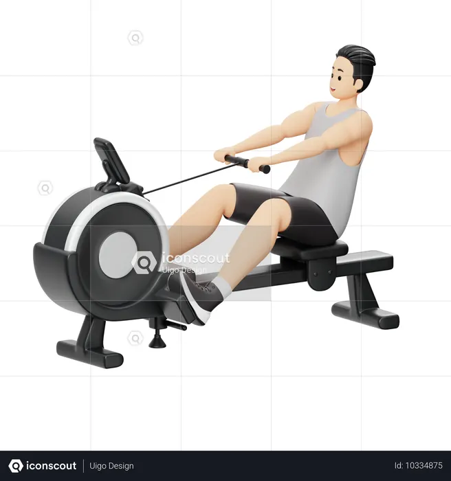 Gym boy doing exercise on Rowing Machine  3D Illustration
