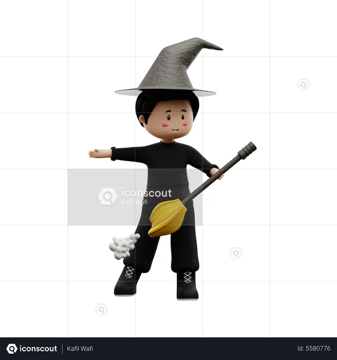 Halloween Boy Magic Broom  3D Illustration