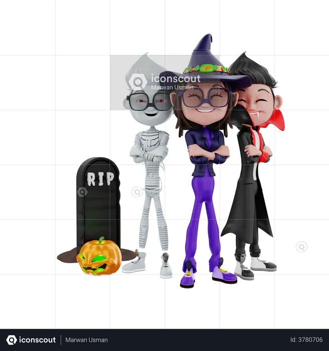Halloween characters posing together  3D Illustration