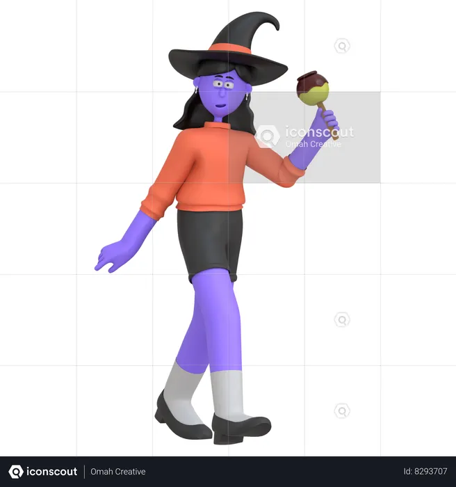 Halloween Girl Enjoying Caramel Apple  3D Illustration