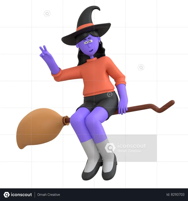 Halloween Girl Flying With Broom  3D Illustration