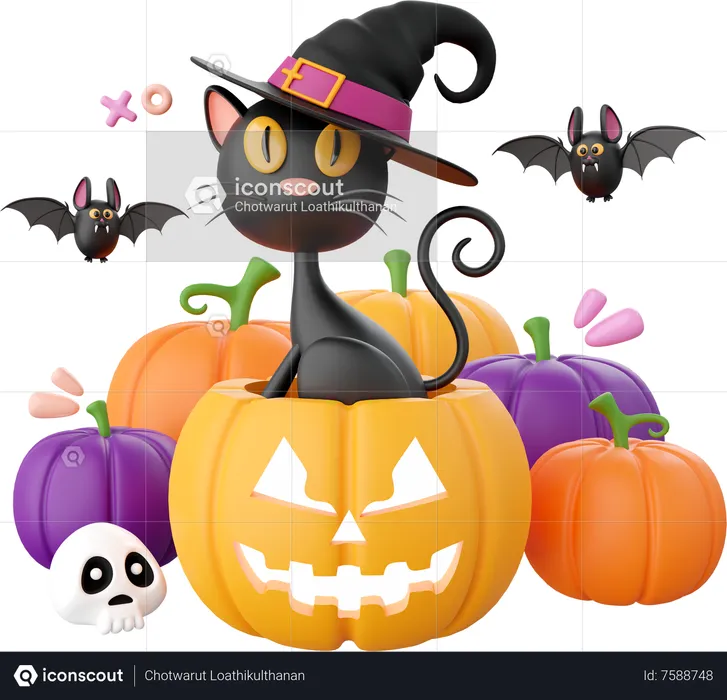 Halloween-Kürbis mit schwarzer Katze  3D Icon