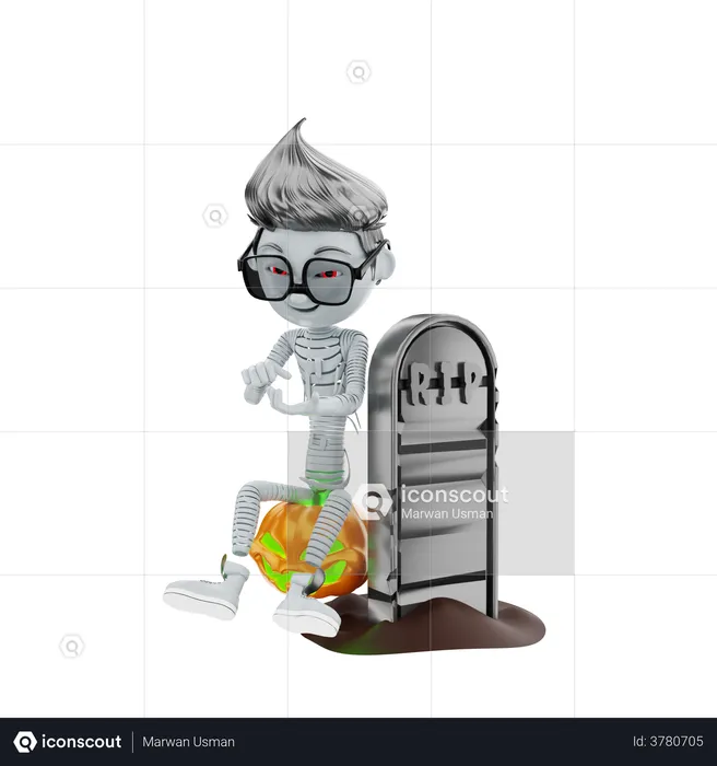 Halloween skeleton sitting besides rip sign  3D Illustration