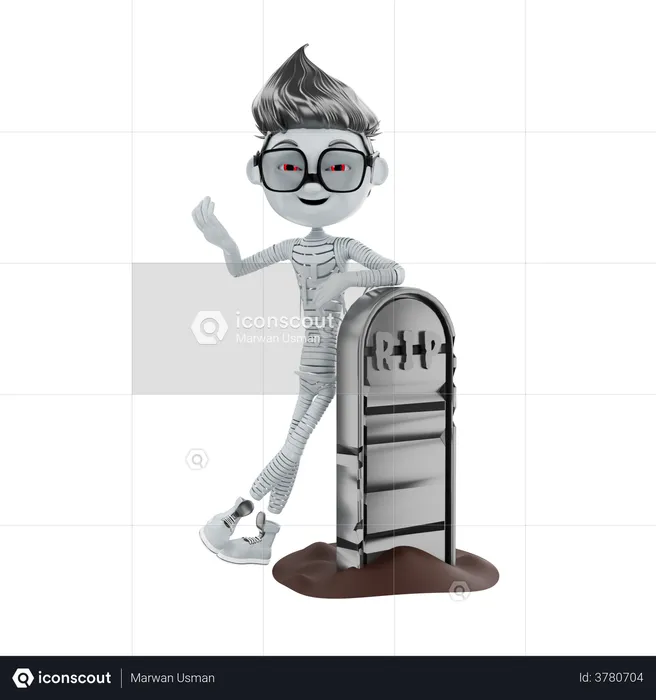 Halloween-Skelett steht am RIP-Schild  3D Illustration