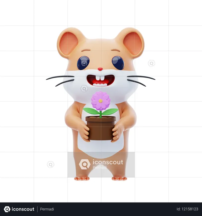 Hamster Character Holding A Flower Pot  3D Illustration