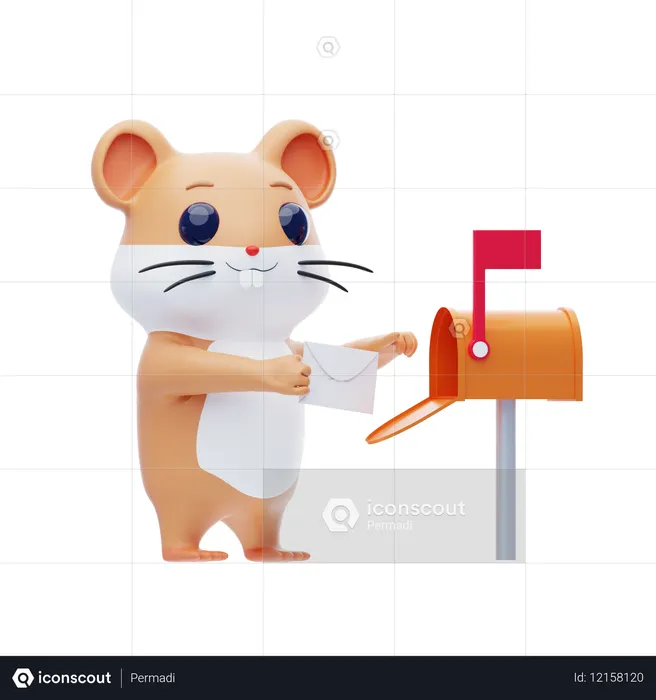 Hamster Character Puts Letter Into Mailbox  3D Illustration