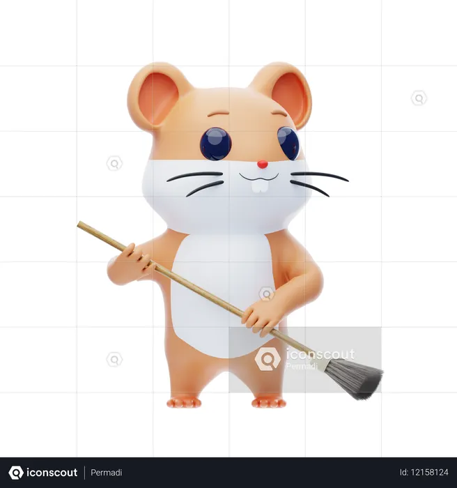 Hamster Character Sweeping The Floor  3D Illustration