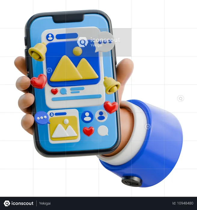 Hand hält Smartphone zum Surfen in sozialen Medien  3D Icon
