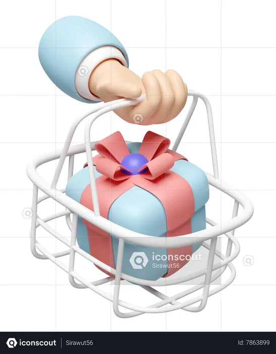 Hand Holding Basket With Gift Box  3D Icon