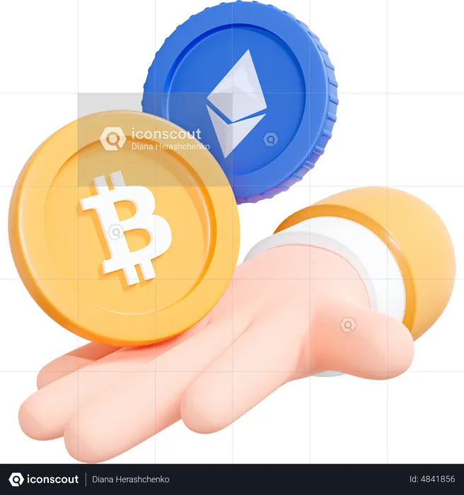 Hand Holding Bitcoin And Ethereum Coins  3D Icon