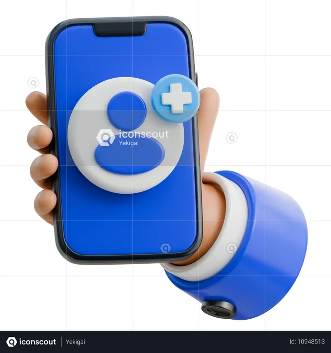 友達招待アイコンが表示されているスマートフォンを持つ手  3D Icon