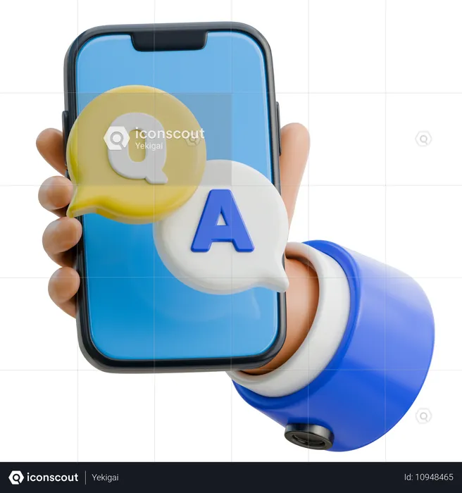 スマートフォンを持っている手と「qa」という吹き出し  3D Icon