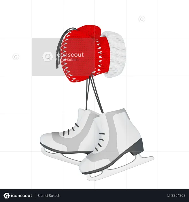 Hand in a knitted red mitten holds a pair of figure skates  3D Illustration
