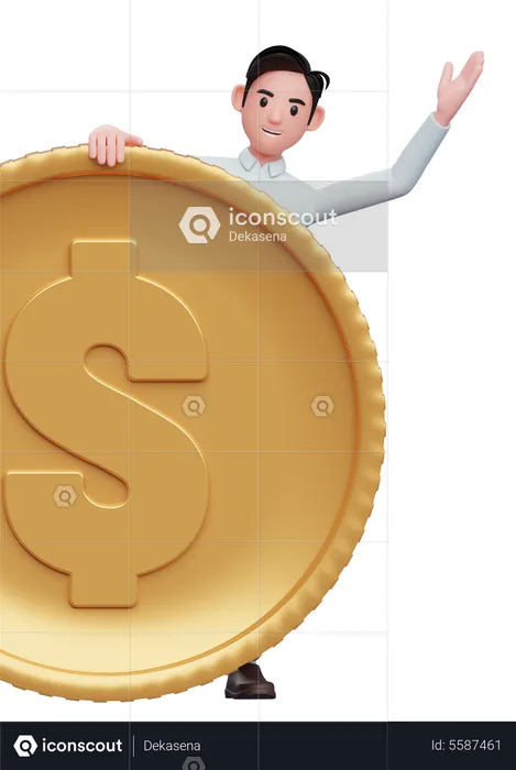 Handsome businessman in a blue shirt Peek behind the big coin  3D Illustration