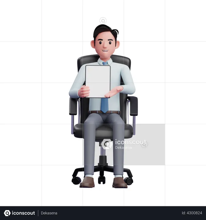 Handsome businessman sitting in office chair while presenting with tablet  3D Illustration
