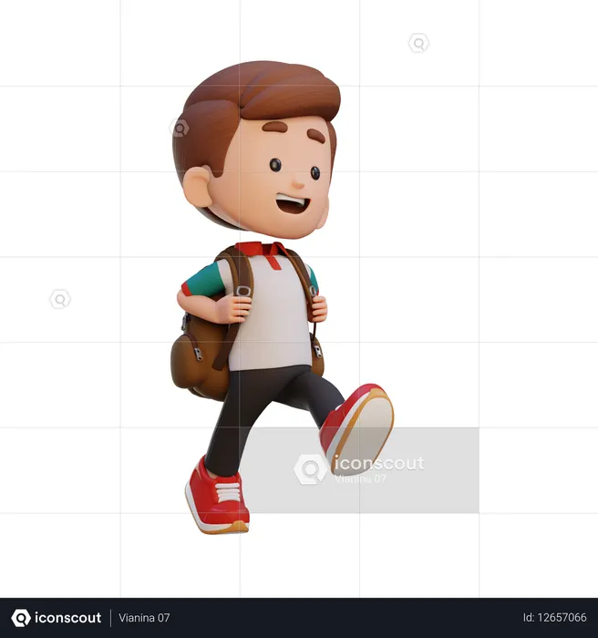 バッグを持って歩いて学校へ行く幸せな男の子  3D Icon