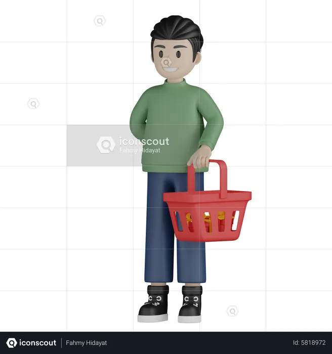 Happy boy holding shopping basket  3D Illustration