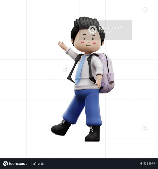 Happy Boy Student Waving Hand  3D Illustration