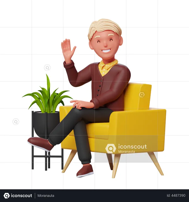 Happy Boy waiving hand while sitting on sofa  3D Illustration