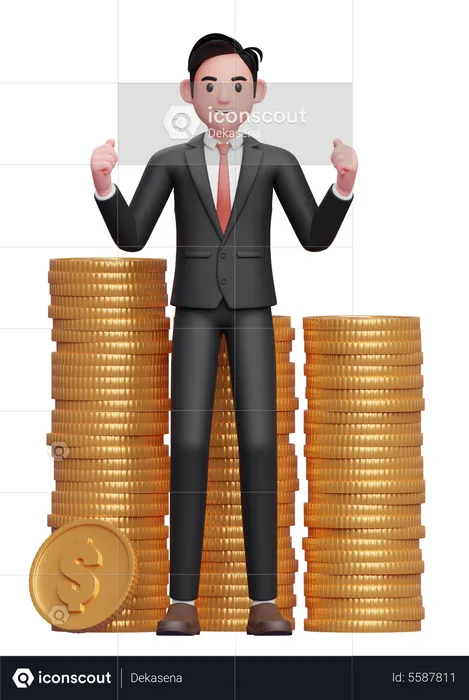 Happy businessman in black formal suit getting lots of piles of gold coins  3D Illustration