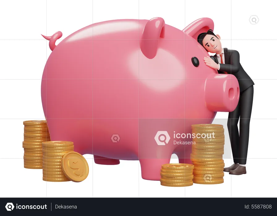 Happy businessman in black formal suit hugging big piggy bank  3D Illustration