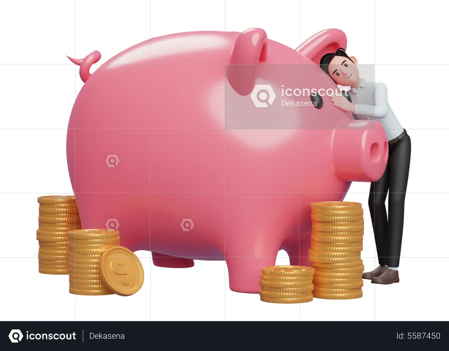 Happy businessman in blue dress hugging big pink piggy bank saving gold coins for future  3D Illustration