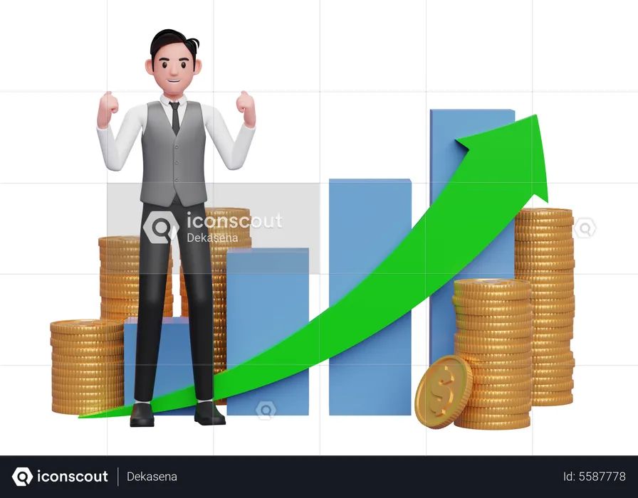 Happy businessman in gray shirt celebrating in front of positive growing bar graph with coin ornament  3D Illustration
