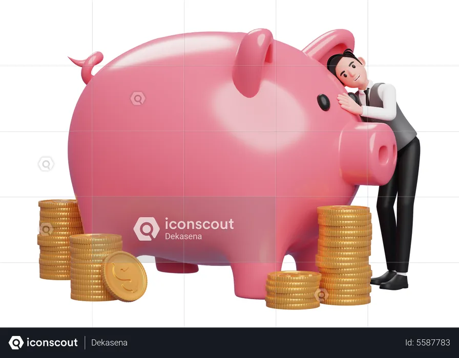 Happy businessman in grey vest hugging big piggy bank with gold coin ornament  3D Illustration