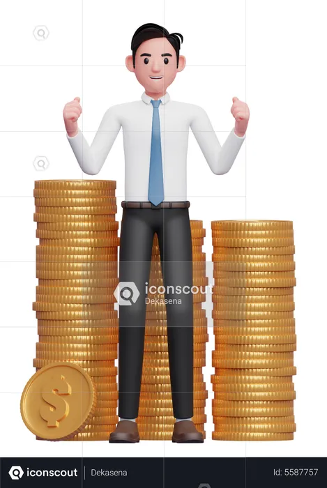 Happy businessman in white shirt blue tie getting lots of piles of gold coins  3D Illustration
