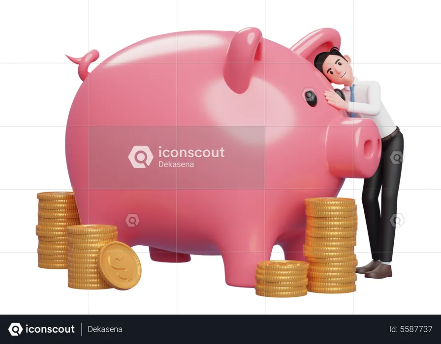 Happy businessman in white shirt blue tie hugging big pink piggy bank saving gold coins  3D Illustration
