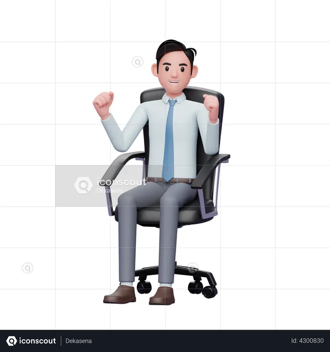 Happy businessman sitting in office chair celebrating  3D Illustration
