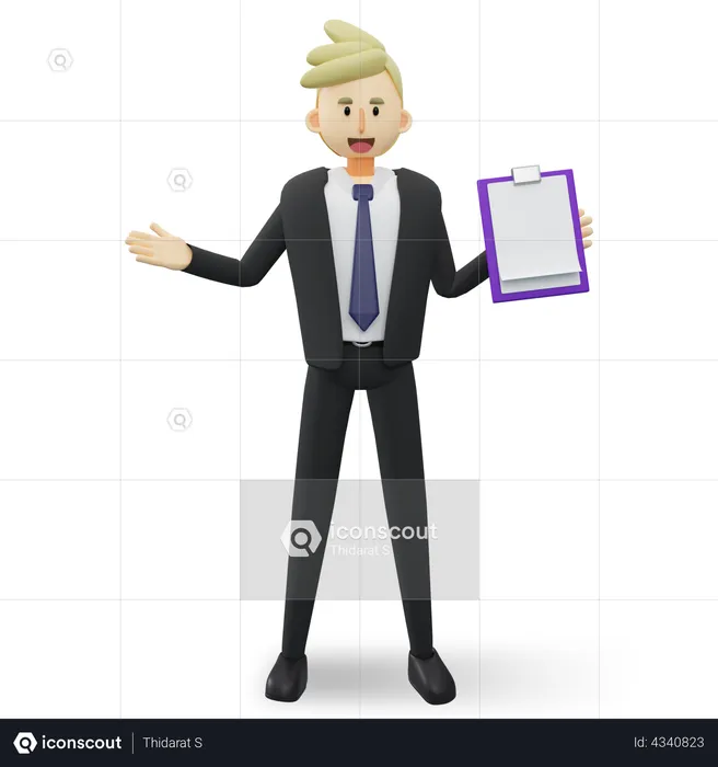 Happy businessman with list board on his hand.3d rendering cartoon illustration.  3D Illustration