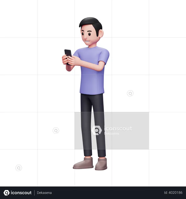 Happy casual Guy Typing Message on the Smartphone  3D Illustration