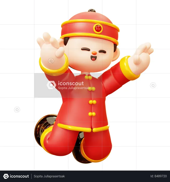 Happy Chinese Boy Jumping  3D Illustration