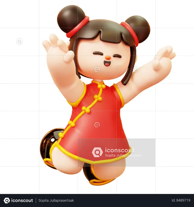 Happy Chinese Girl Jumping  3D Illustration