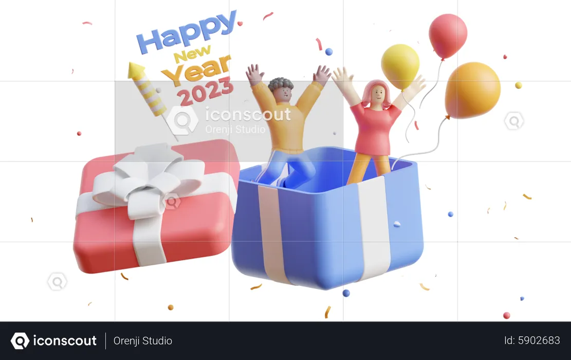 Happy Couple Celebrate New Year 2023  3D Illustration