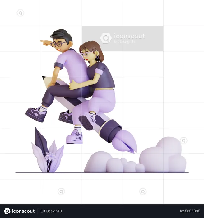 Happy Couple Flying With Rocket Pencil  3D Illustration