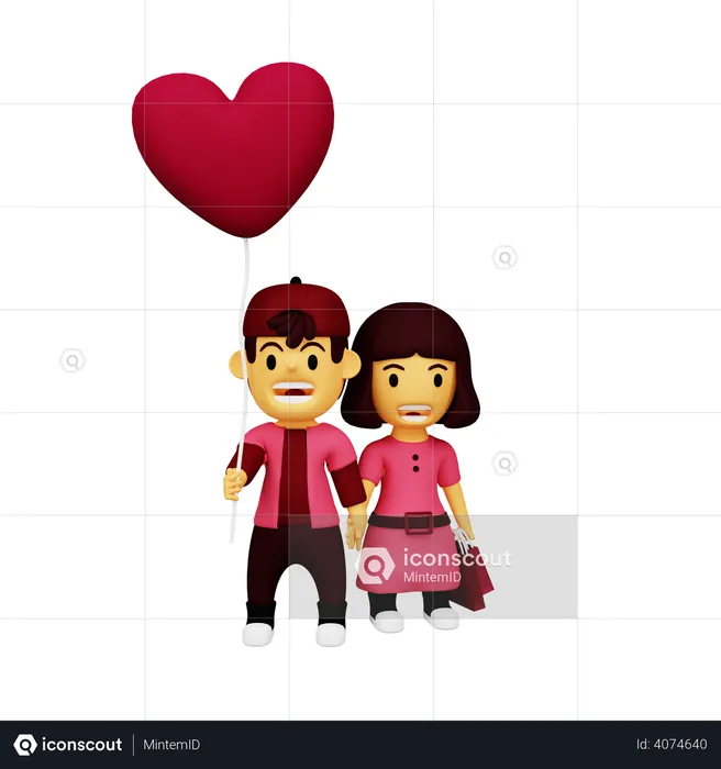Happy couple holding heart balloon  3D Illustration