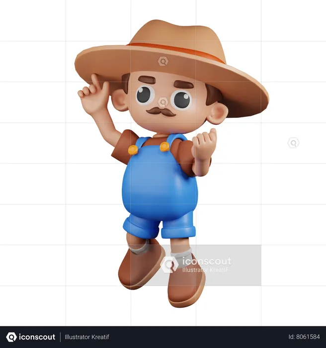 Happy  Farmer In Jumping Pose  3D Illustration