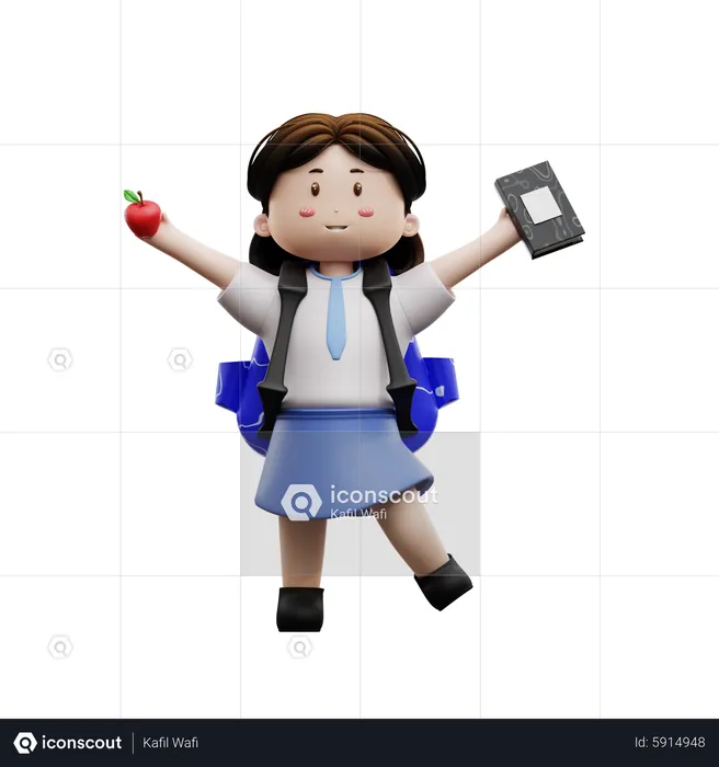 Happy female student holding book and apple  3D Illustration